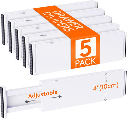 Lifewit 5 Pack Upgrade Drawer Dividers for Clothes, 4" High 11"-17" Adjustable Dresser Drawer Organizers, Expandable White Plastic Drawer Separators for Kitchen, Nursery, Office Organization & Storage | 5 Pack 11"-17" Expandable White Plastic Drawer