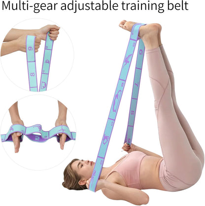 9 Loops Elastic Yoga Stretching Strap Pattern Guide, Resistance Stretch Band for Flexibility, Pilates, Dance, Gymnastics, Ballet, Physical Therapy, Leg & Body Stretching