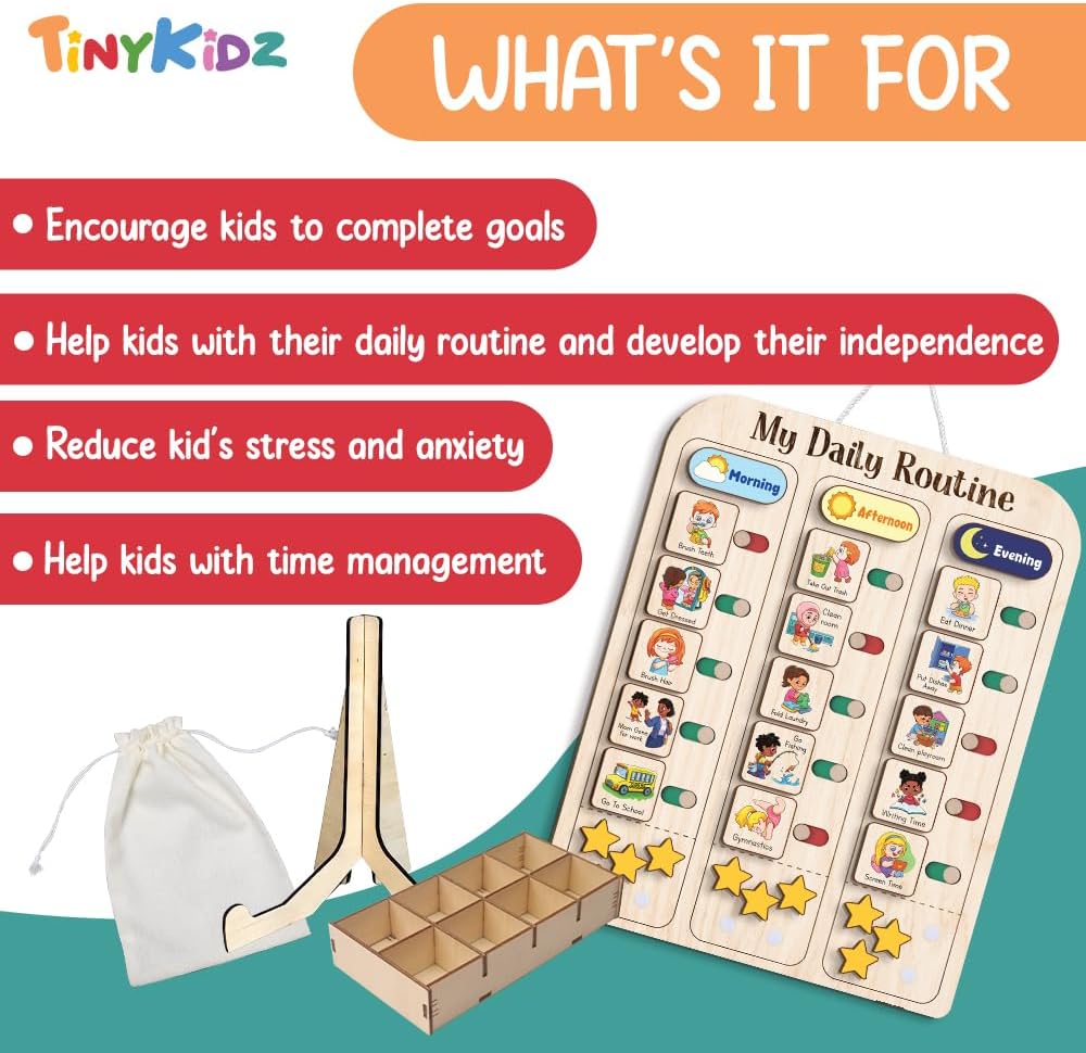 My Daily Routine Chart for Kids 11x14 Inch – Wooden Chore Chart with Morning Afternoon Evening Sections, Visual Schedule Board with Sliding Trackers & Star Reward System for Toddlers