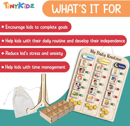 My Daily Routine Chart for Kids 11x14 Inch – Wooden Chore Chart with Morning Afternoon Evening Sections, Visual Schedule Board with Sliding Trackers & Star Reward System for Toddlers