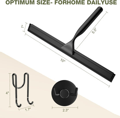 FARMER 10-Inch Shower Squeegee for Glass Doors, Windows and Mirrors, Black | Suction Wall Hook, Over-Door Hook, Non-Scratch Blade with Quiet Glide for Multi-Surface Cleaning on Glass, Tile and Mirrors