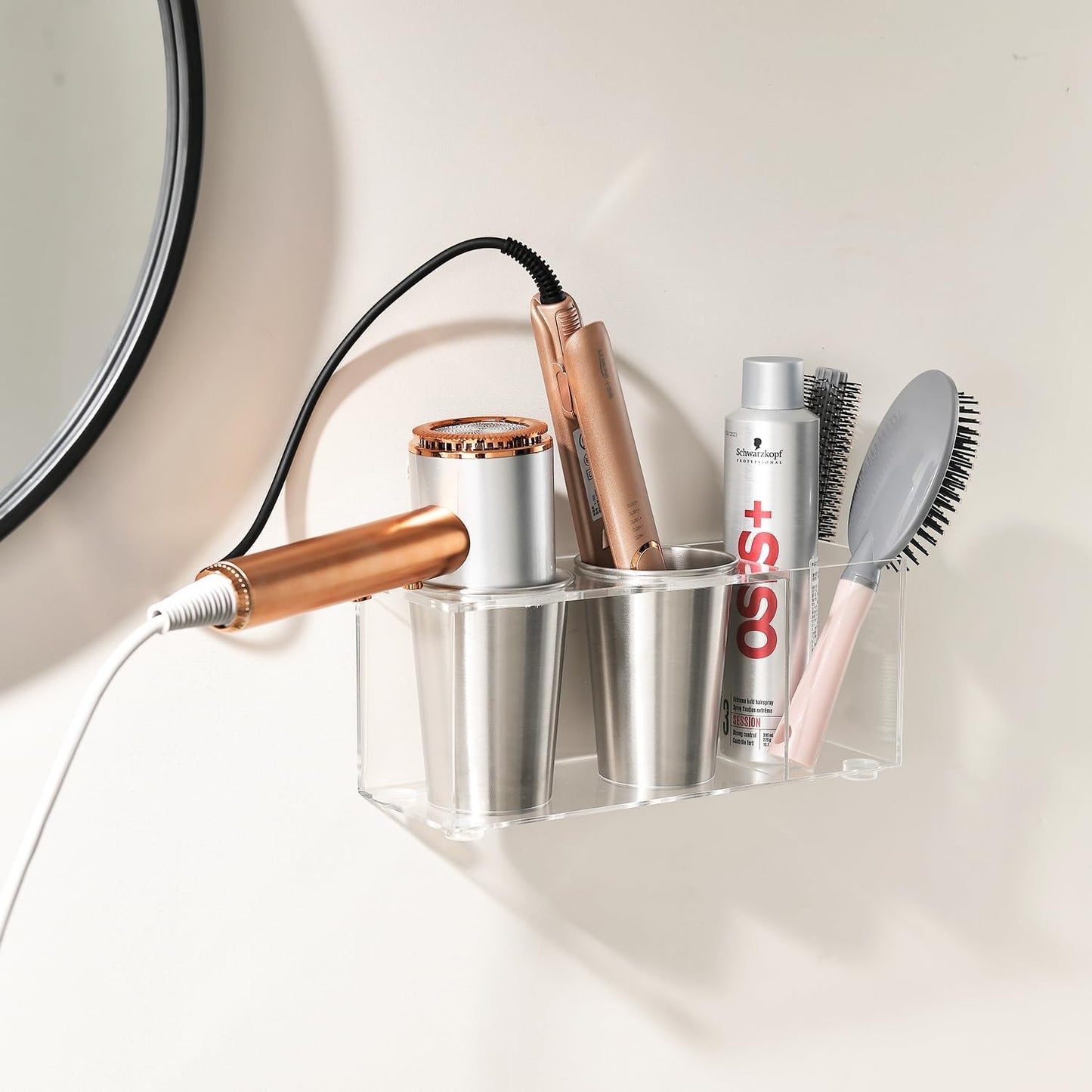 Hot Tools Organizer, Hair Tool Organizer Wall Mount Aluminum Alloy, Space-Saving Curling Iron Holder for Vanity & Bathroom with Stainless Steel Cups White CHOCHOYAH