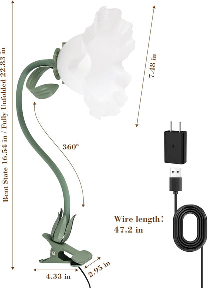 Flower Clip On Desk Lamp for Home and Dorm - Cute Floral Clip On Bedside Book Reading Light, Pink Flower Bunk Bed Lighting, Kawaii Led Flexible Gooseneck Table Lamp for Headboard with Clamp