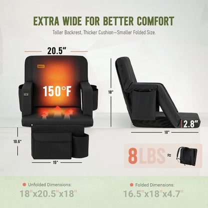 Overmont Heated Wide Stadium Seats 2 Pack, Dual-Zone Heat | 3 Heat Levels with Independent Control, 6 Recline Positions, Soft Cushion, Hooks and Pockets for Sport Camping Concerts