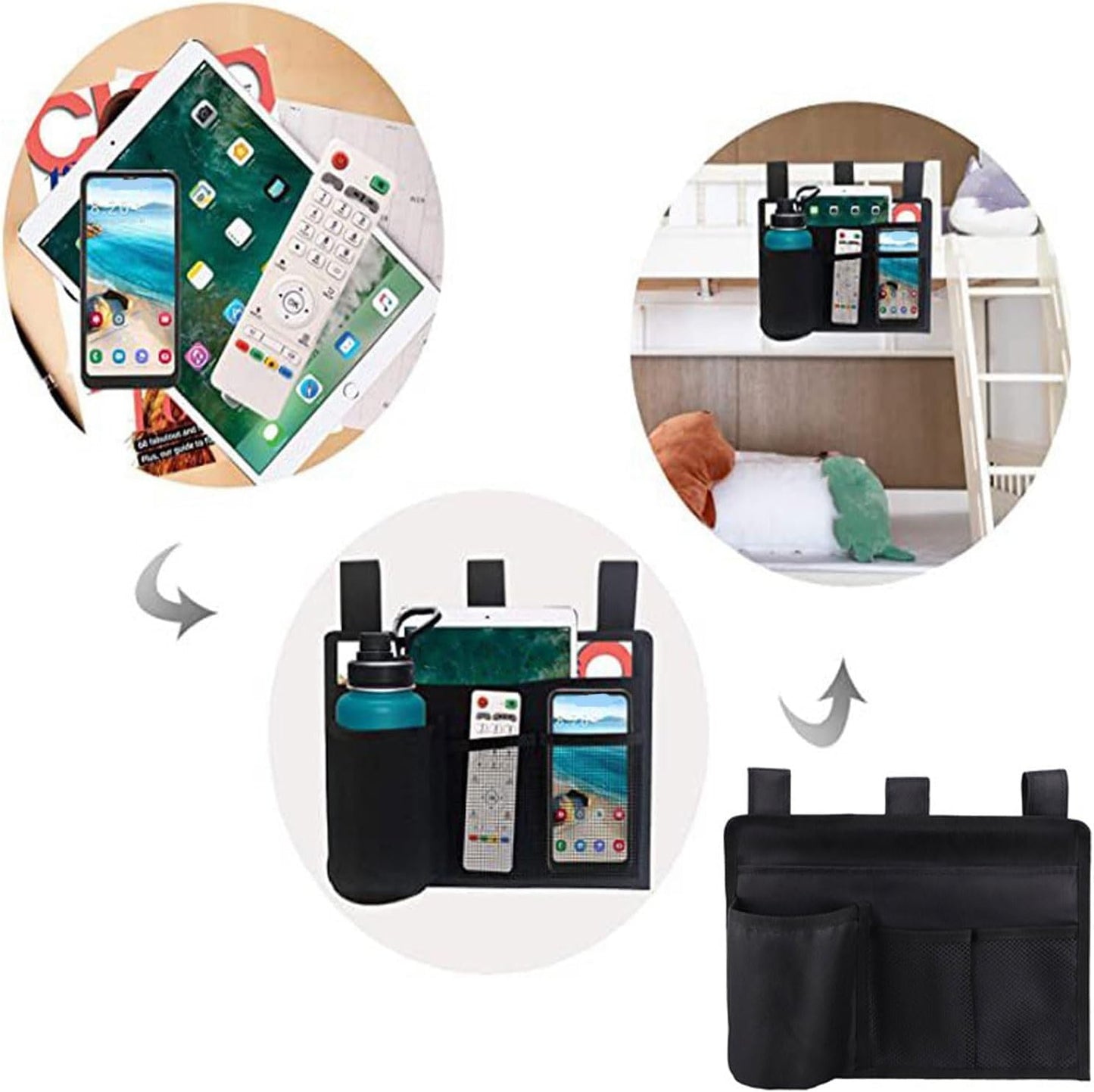 Bedside Storage Bag, Multiple Pocket Hanging Organizer with Adjustable Fasteners Space Saving Bedside Caddy for Bunk Hospital Beds Dorm Bed Rails