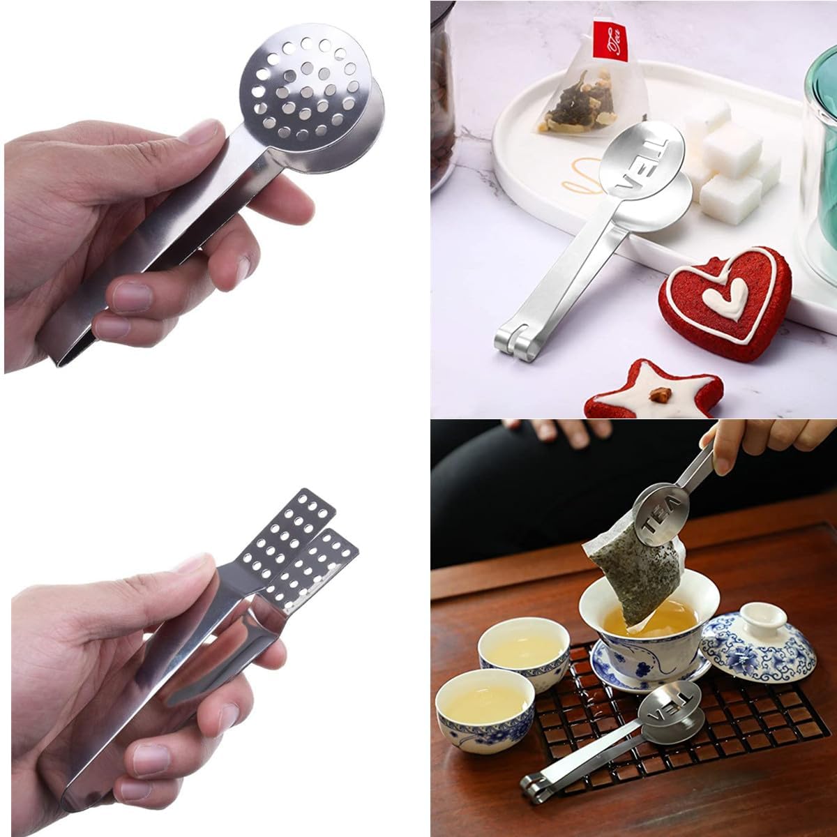 Stainless Steel Tea Bag Squeezer,4PCS Tea Bags Strainer Clip,Teabag Filters Tong Clamp Holder for Loosing Leaf, Gripping Ice Cube, Sugar (Silver)