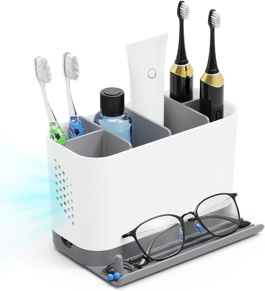 Bathroom Organizers and Storage 6 Slots Wood Grain Electric Toothbrush Holders with Phone Holder and Adjustable Dividers, Cord-Friendly Toothbrush Organizer with Drainage for Family, Kids