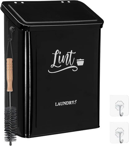 Magnetic Lint Bin for Laundry Room with Brush & Hook - Large Laundry Organizer and Storage, Wall Mounted Trash Can with Lid, Space-Saving Dryer Lint Holder Laundry Room Decor, Black