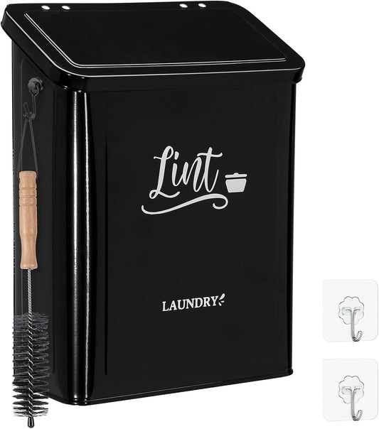 Magnetic Lint Bin for Laundry Room with Brush & Hook - Large Laundry Organizer and Storage, Wall Mounted Trash Can with Lid, Space-Saving Dryer Lint Holder Laundry Room Decor, Black