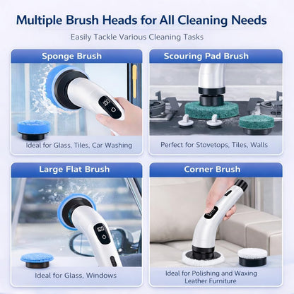 Premium Electric Bathroom Cleaning Brush, Waterproof Cordless Bathroom & Kitchen Cleaning Brush with Adjustable Handle & 9 Replaceable Heads – Powerful Deep Clean Tile, Grout, Tub, Window & Floor