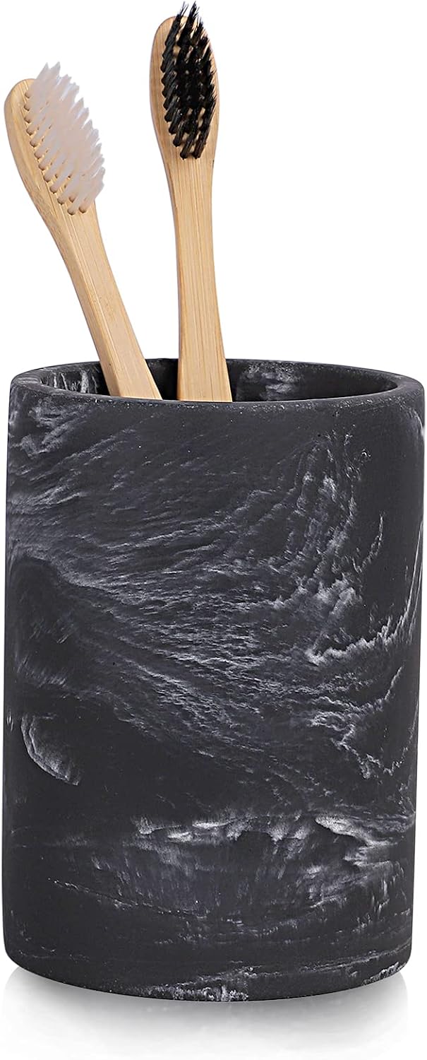 Marble Look Toothbrush Holder for Bathroom Countertop Organizer, Holds Toothpaste, Dental Floss, Razor, Comb, Makeup Brushes, and More, Stylish Bathroom Accessory for Tooth Brushing Essentials