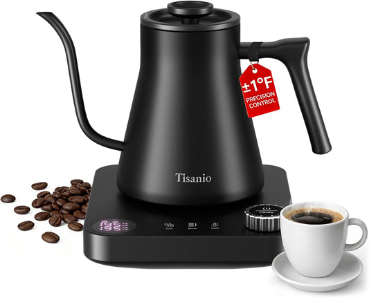 Gooseneck Electric Kettle with Temperature Control, 0.9L, Black | ±1°F Precision Pour Over Kettle, LCD Dual Display, Smart Two-Stage Heating, 2H Keep Warm, 304 Stainless Steel Interior