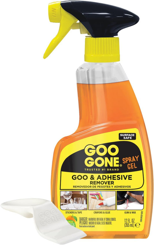Goo Gone Adhesive Remover Spray Gel 12 Oz with Scraper, Surface Safe | Citrus Cleaning Power for Hard Surfaces, Carpet & Fabric, Removes Glue, Stickers, Tape Residue, Grease, Gum & Wax, Drip Free
