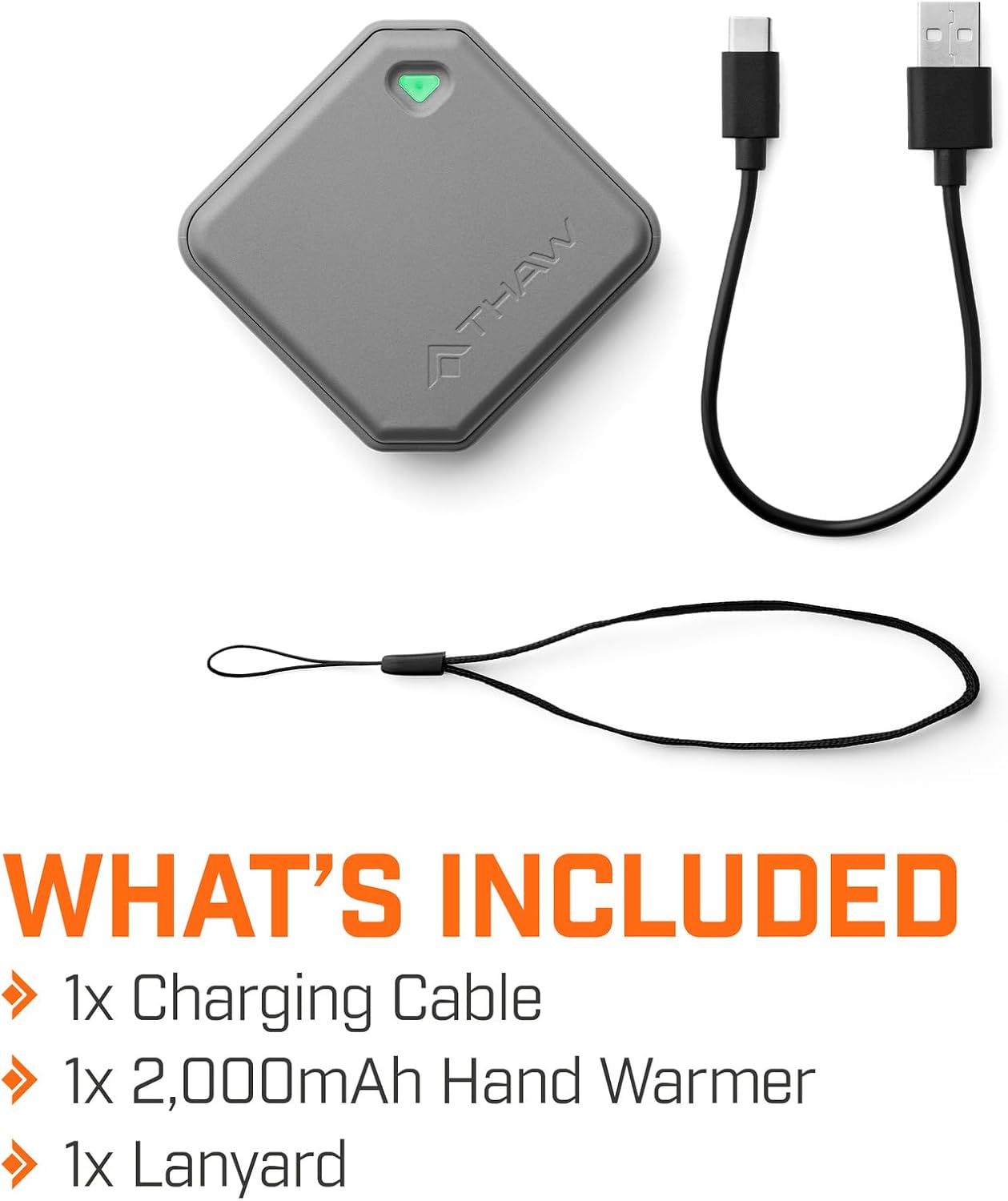 THAW Rechargeable Mini Hand Warmer | Double-Sided Heating, Up to 4 Hours, Rechargeable USB-C, Durable Impact-Resistant Construction, Integrated LED Light