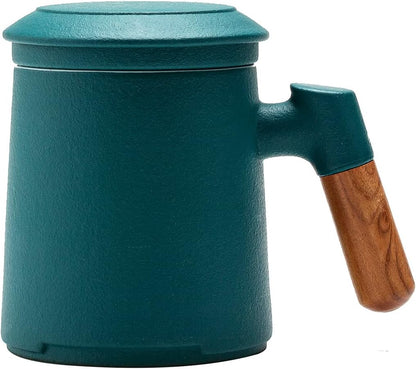 ZENS Tea Mug with Infuser and Lid for Loose Leaf Tea Steeper, 16.9oz Moss | Embossed Ceramic Tea Cup with Infuser for Herbal Tea Difussers, Tea Lovers Gifts, Nature Wood Handle
