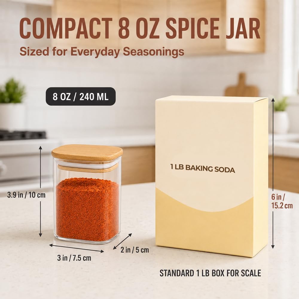 ComSaf Spice Jars 8oz Set of 6, Small Seasoning Containers with 9 Labels | Small Glass Jars With Labels, Empty Rectangle Canisters, Spice Rack Organization, Loose Tea, Herb, Powder, Dry Good, BPA Free
