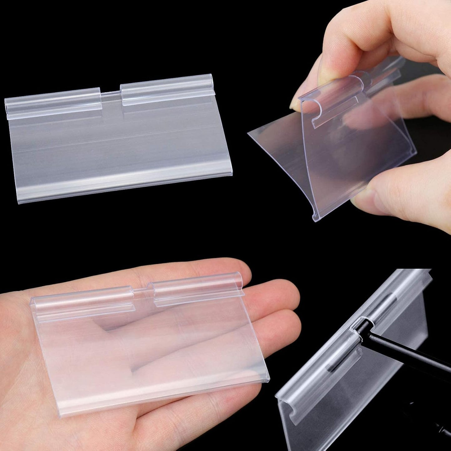 Meetory 50 PCS Clear Plastic Label Holders for Wire Shelf Retail Price Label, Basket Bin Labels Clip On, Labels for Storage Bins, Merchandise Sign Display Holder for Supermarket,Label Papers Included