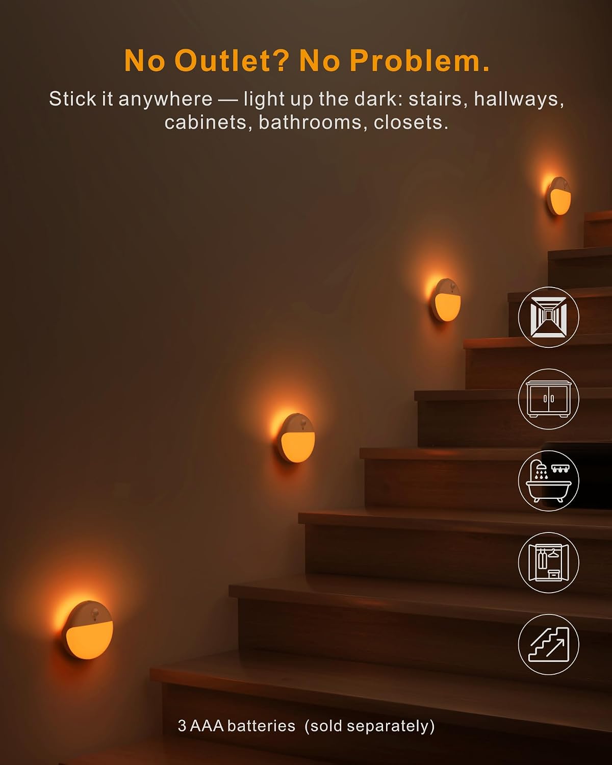 Small Motion Sensor Amber Night Light Battery Operated, Toilet Light | 2 Pack, 3 Modes, Dimmable 1-15lm, Dim Light Soft Glow, No Plug, Wireless Stick on Light for Bedroom, Sleep, Bathroom, Kids