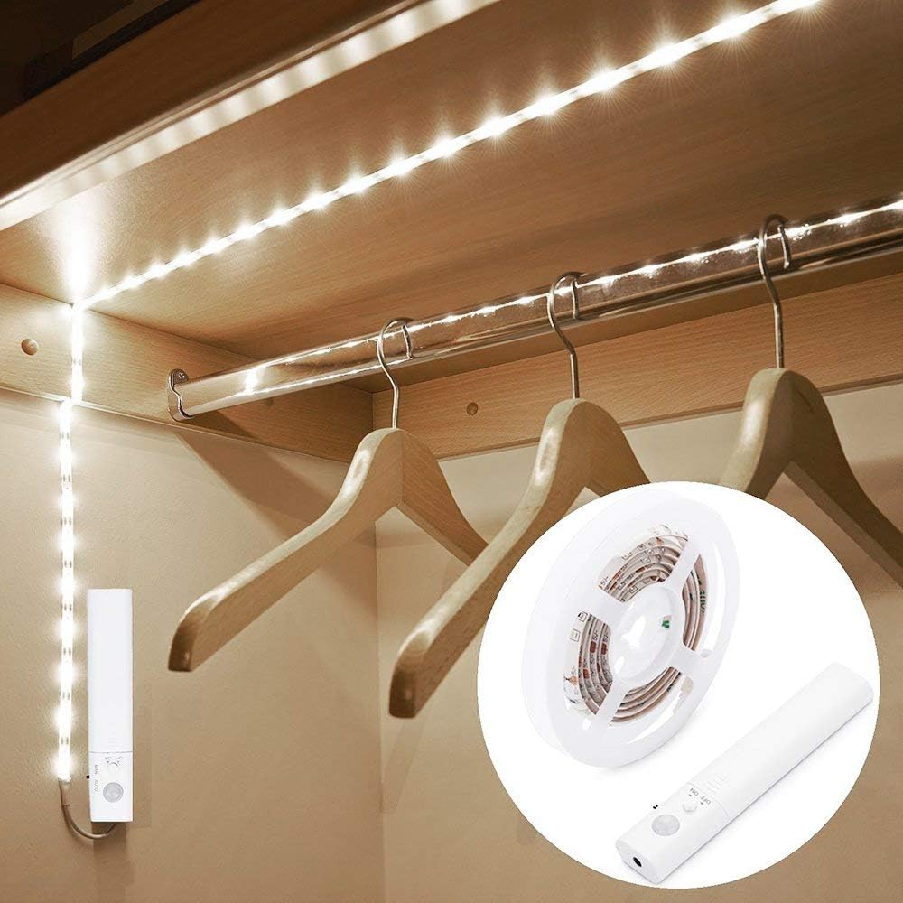 Motion Sensor LED Light Strip, 1M Closet Lights Battery Operated, 3000K Warm White for Under Cabinet Kitchen Lights, Cupboard, Counter, Stairs,Wardrobe, Under Bed Night Lighting
