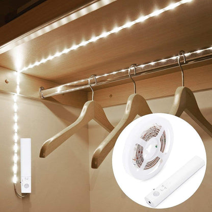 Motion Sensor LED Light Strip, 1M Closet Lights Battery Operated, 3000K Warm White for Under Cabinet Kitchen Lights, Cupboard, Counter, Stairs,Wardrobe, Under Bed Night Lighting