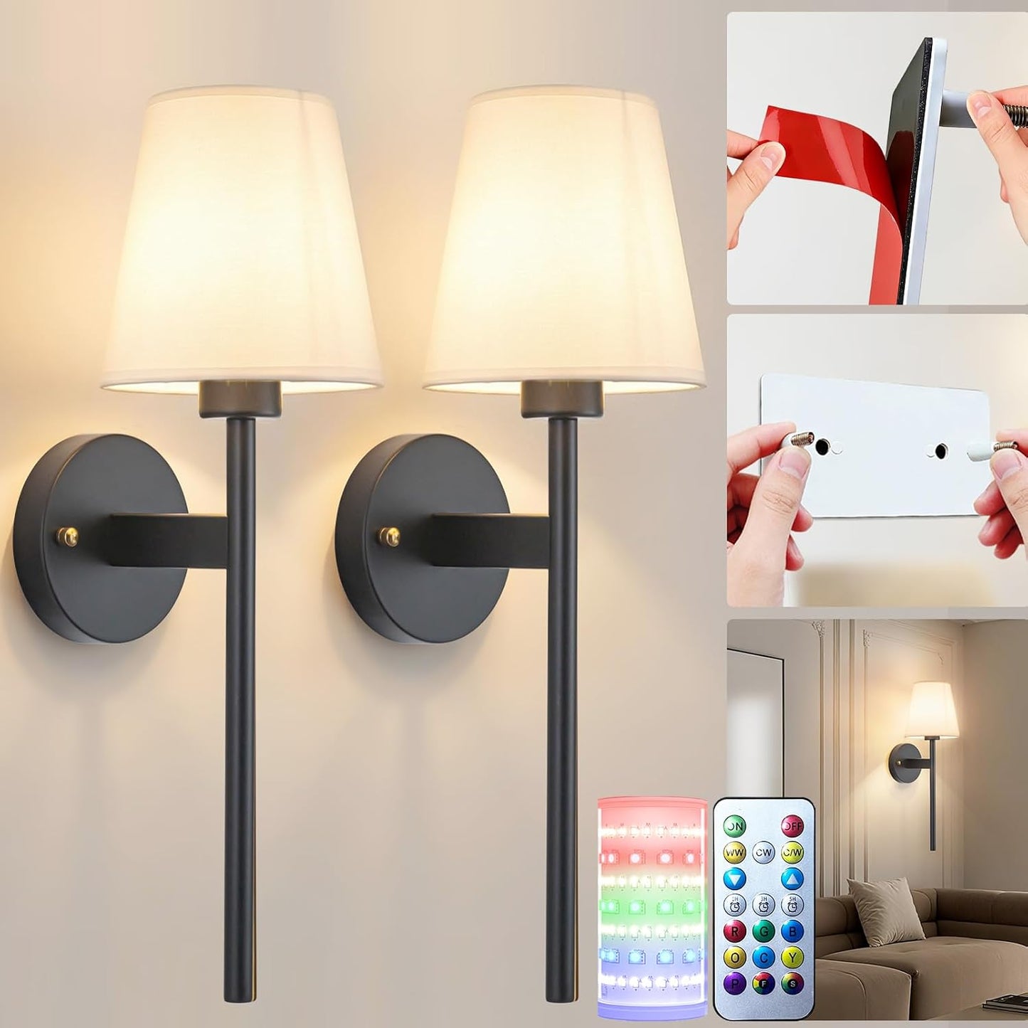 Battery Operated Wall Sconces Set Of Two, Wireless Battery Wall Light With 10000mAh RGB Rechargeable Magnetic Bulb, Rechargeable Wall Sconce With Remote Control For Bedroom, No Electrician Required