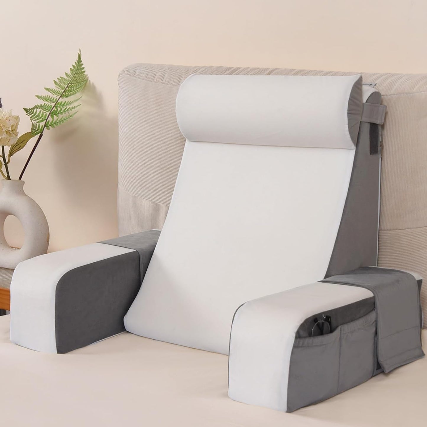 Vekkia 21" Reading Pillow for Bed with Adjustable Arms and XL Side Pockets | 60° Wedge Back Support, Washable Cover, Support Chair for TV, Gaming, Working, Nursing, Recovery in Bed & Floor, Black/Gray