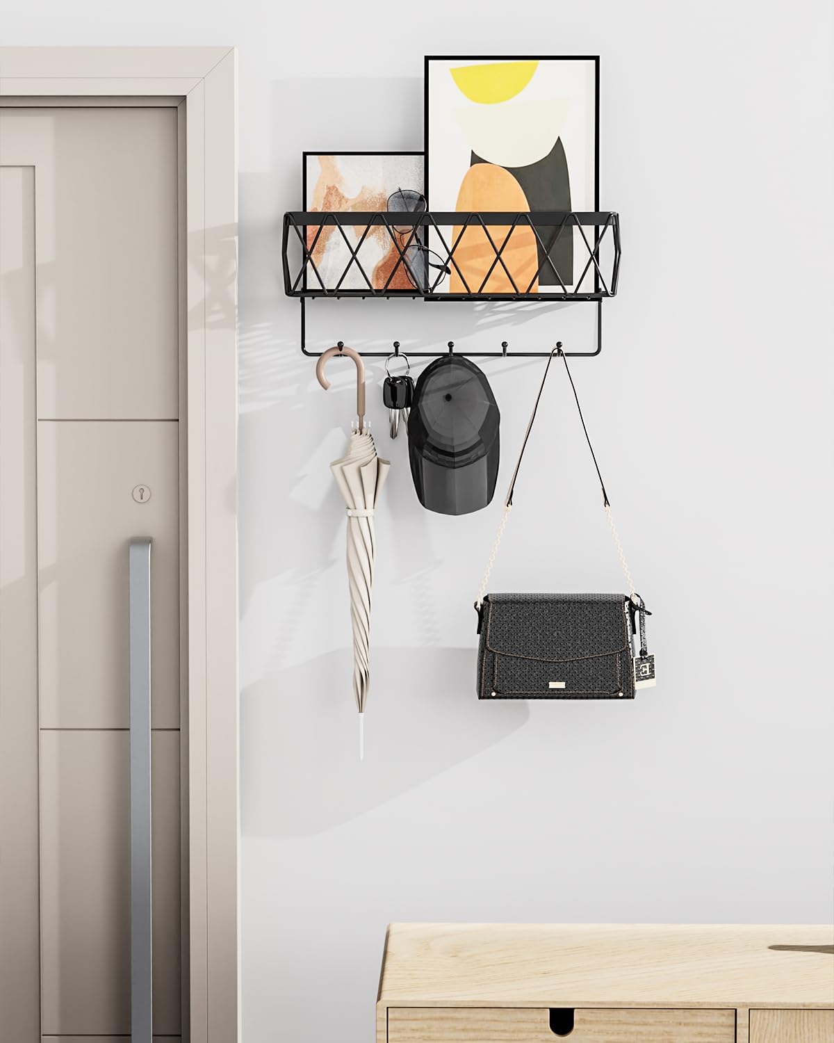 Key Holder for Wall - Key Rack with 5 Key Hooks, 11.02" L×2.75" W×4.92" H, Key and Mail Organizer Wall Mount with Mesh Basket, Key Hanger for Wall, Entryway, Home Decor(Matte Black)