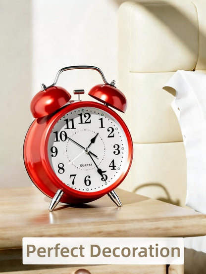 4 Inches Analog Alarm Clocks Retro Backlight Cute Simple Design with Night Light Silent Non-Ticking Battery Operated [Red]