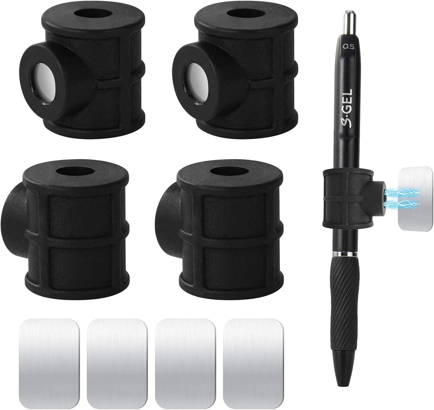 4 Pack Black Strong Magnetic Pen Pencil Holder for Fridge Whiteboard | Fits pens, pencils and markers up to 0.5in, with adhesive metal plates for lockers, cabinets, music stand and smooth surfaces