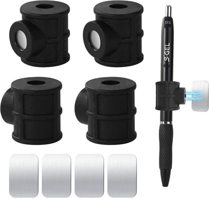 4 Pack Black Strong Magnetic Pen Pencil Holder for Fridge Whiteboard | Fits pens, pencils and markers up to 0.5in, with adhesive metal plates for lockers, cabinets, music stand and smooth surfaces