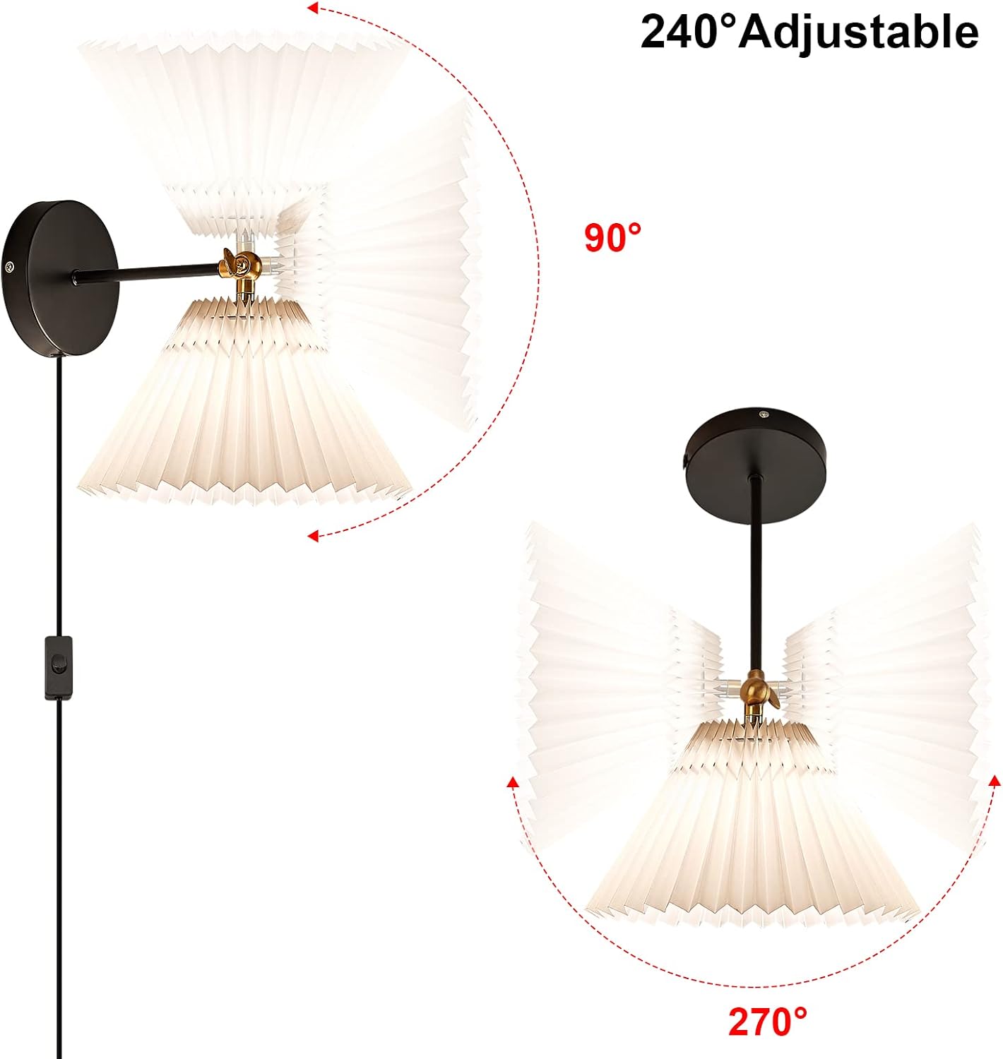 Wall Sconces Plug in, Swing Arm Wall Lamp with Power Cord, White Plug in Wall Lighting Fixtures Set of Two, Bedside Wall Mounted Reading Lamp with Switch, for Bedside Bedroom Hallway
