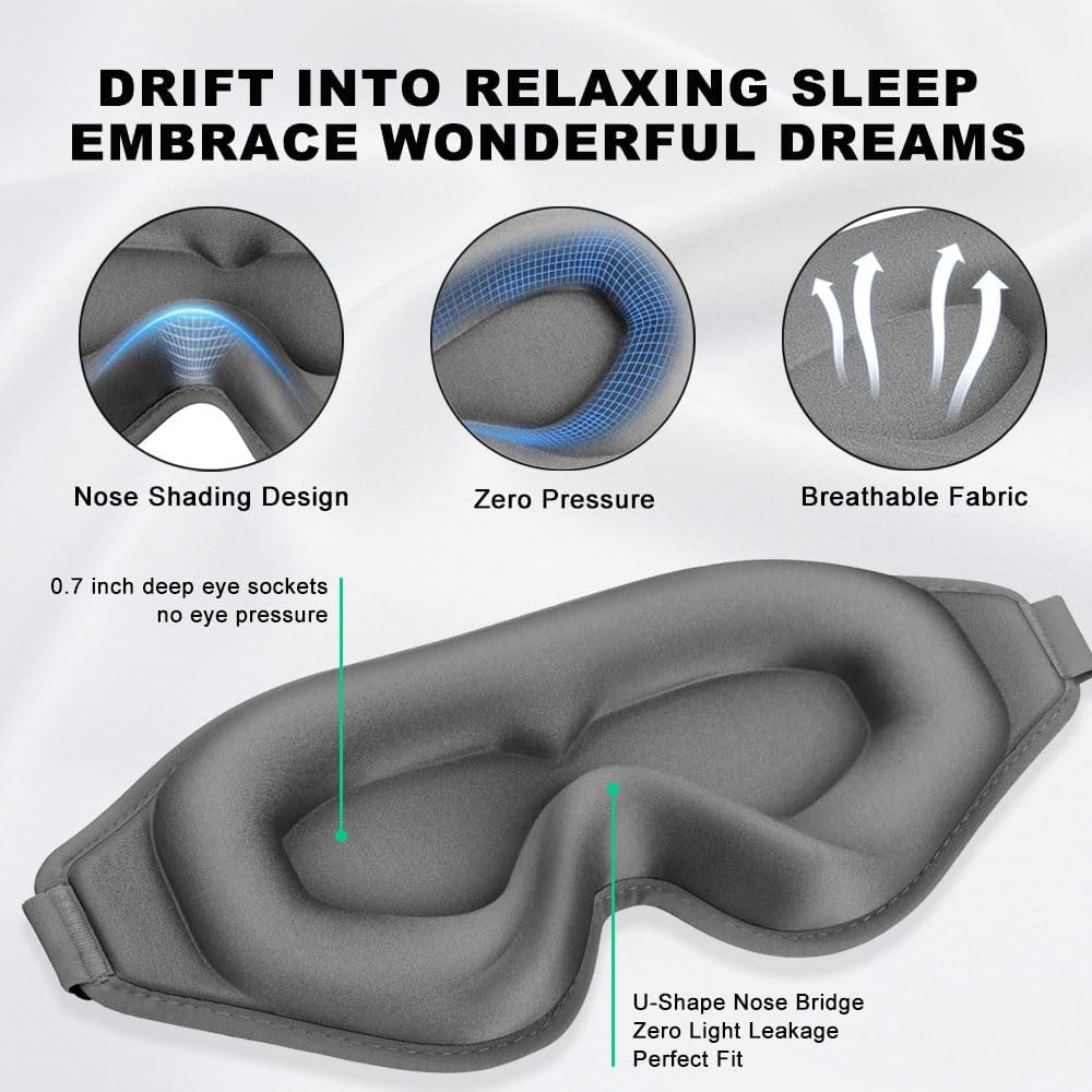 3D Sleep Mask for Side Sleepers, Blackout & Zero Pressure - Breathable Memory Foam, Adjustable Strap - for Travel, Yoga & Meditation Black