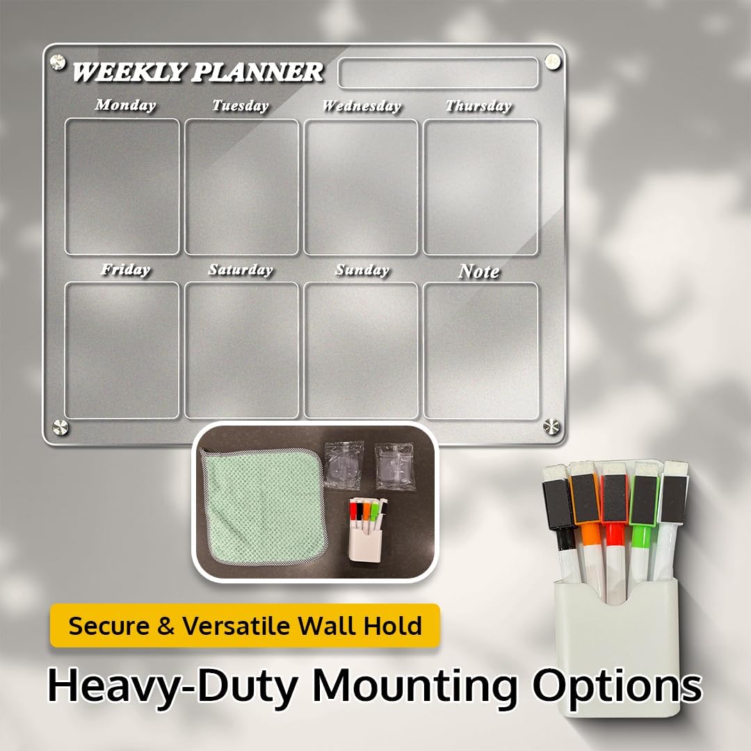Acrylic Home Calendar Organization Board - Refrigerator Schedule Planner for Fridge or Wall - Weekly Magnetic Calendar for Refrigerator, Dry Erase Whiteboard