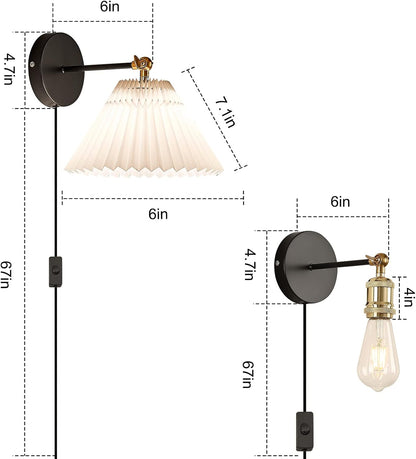 Wall Sconces Plug in, Swing Arm Wall Lamp with Power Cord, White Plug in Wall Lighting Fixtures Set of Two, Bedside Wall Mounted Reading Lamp with Switch, for Bedside Bedroom Hallway