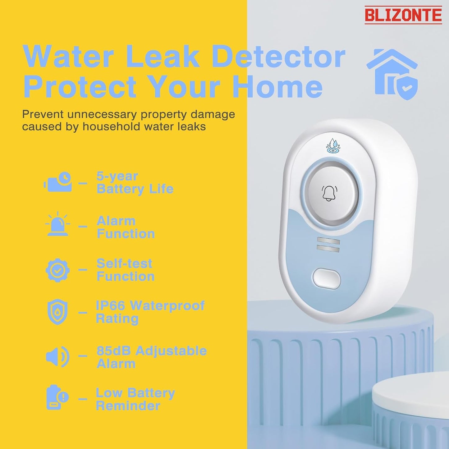 Water Leak Detector 3 Pack, 5-Year Battery Life, Water Alarm with Low Battery Warning, 100dB Loud Sound and Self-Test Function, IP66 Waterproof for Home Basement Kitchen RV(Not Support Wi-Fi)