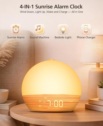Wood Grain White Noise Sound Machine Sunrise Alarm Clock with 30 Soothing Sounds, 17 Night Lights, Bluetooth Speaker Wake Up Light Alarm Clocks for bedrooms, Heavy Sleepers, Baby, Kids