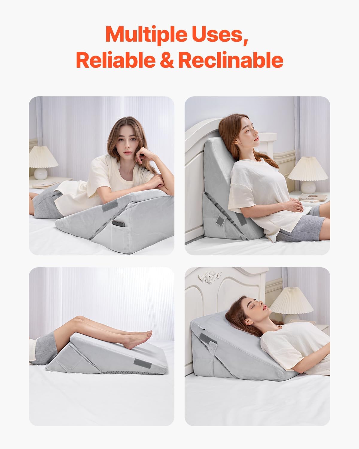 VEVOR Bed Wedge Pillow for Sleeping, Adjustable Orthopedic Bed Wedge, 25D High-Density Foam Filling & Soft Washable Cover, Post Surgery Pillow for Acid Reflux, Back Pain, Snoring Relief, Light Grey