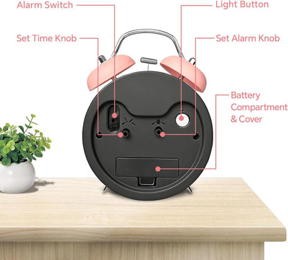 4.5" Analog Alarm Clock for Heavy Sleepers, Loud Battery Operated Alarm Clocks with Light, Metal Silent Desk Clock for Bedrooms, Retro Bedside Clocks for Kids Girls Women Mother Seniors, Pink