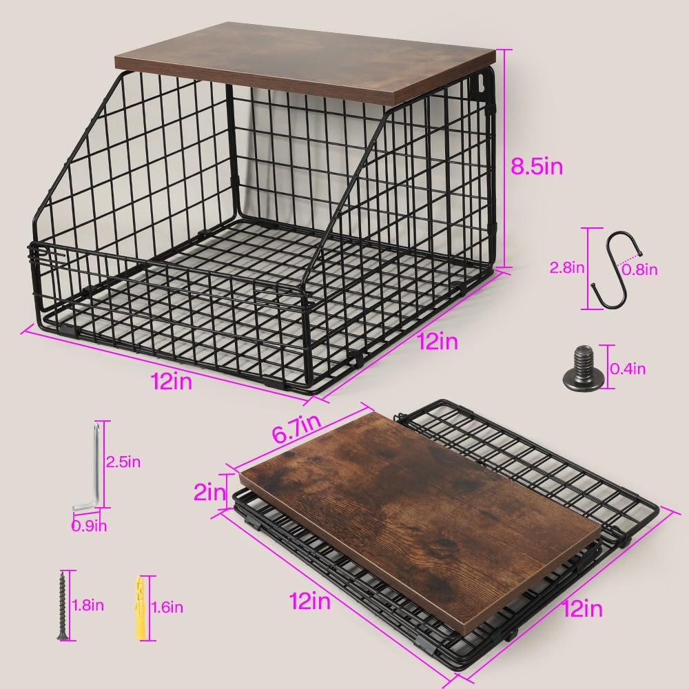 Picowe Laundry Room Shelves Wall Mounted, Metal Basket with Wood Lid (S) | Stackable & wall-mountable. Rust-resistant steel. Wooden top stores dryer sheets & lint rollers. Fits over washer/dryer.