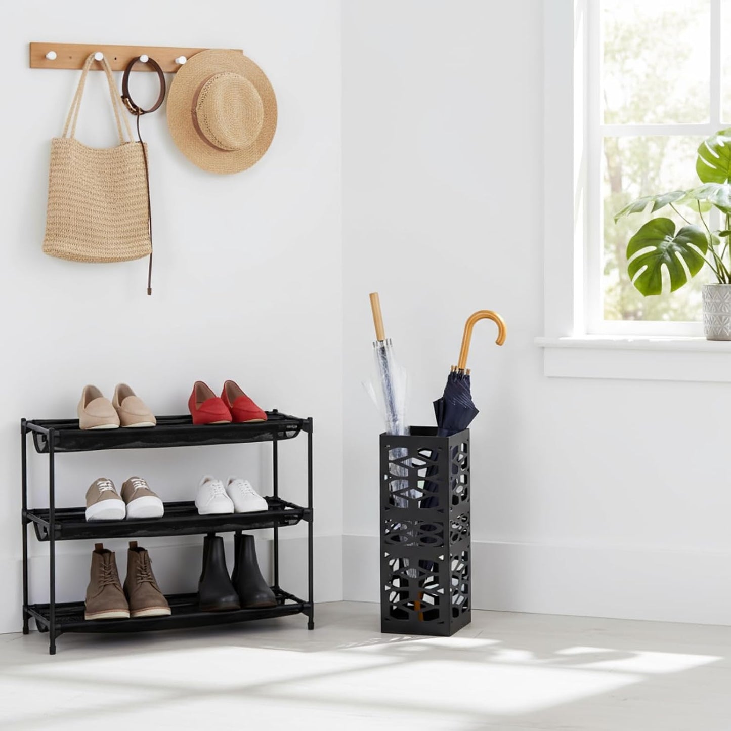 Metal Umbrella Holder Stand for Entryway, Square Umbrella Organizer, Walking Sticks Storage Bin Freestanding for Home, Office, Hotel, Black, 5.9 x 5.9 x 15.7 Inches