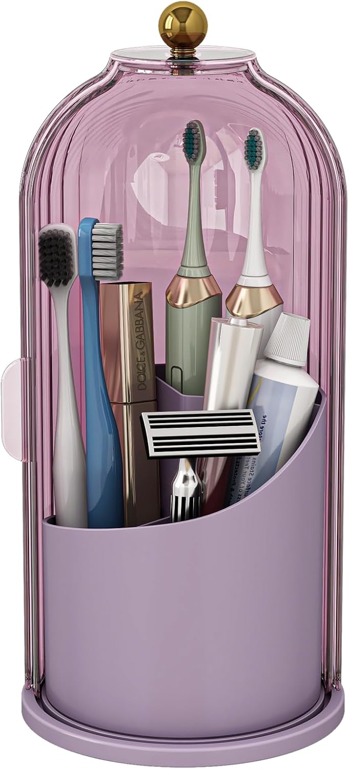 Toothbrush and Toothpaste Holders with Cover, Grey White | Waterproof and Dustproof, 360° Rotating Base, Smooth Sliding Door, 3 Slots, for Bathroom Countertop