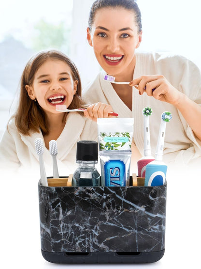 GFWARE Toothbrush Holders for Bathrooms - Bamboo Divider Toothbrush and Toothpaste Holder with Drainage, Kids Electric Toothbrush Organizer for Bathroom Countertop, White Tooth Brush Holder | 5 Slots Toothbrush and Toothpaste Holder with Bamboo Divider,
