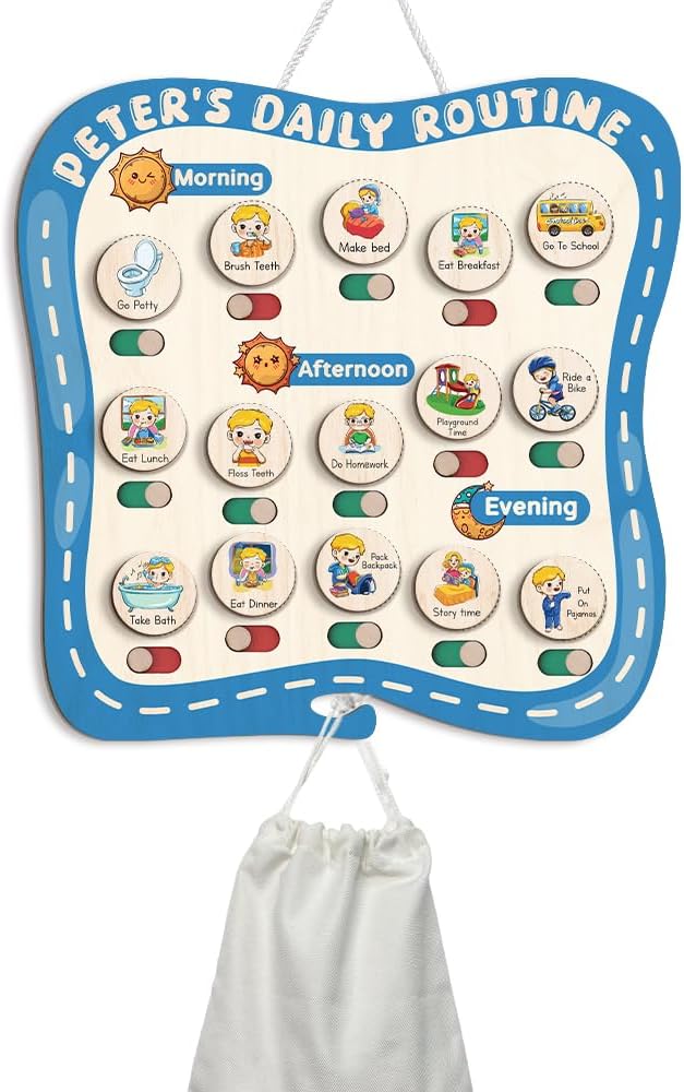 TinyKidz Wooden Daily Routine Chart 11x15, Schedule Board for Kids, Wooden Chore Chart for Kids, Responsibilities Chart for Toddlers, Morning Bedtime Routine for Toddlers