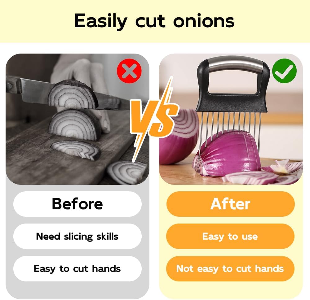 Onion Holder for Slicing, 2025 New Stainless Steel Onion Slice Holder Lemon Slicer Vegetable Cutter, Kitchen Chopper Slicing Assistant Tool for Meat, Onion, Potato, Tomato (A-1PCS)