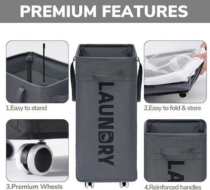 Goodpick 75L Laundry Basket with Wheels & Removable Wash Bag for Dorm | Rolling Laundry Basket with Handles for Dirty Clothes, Fodable Hamper for Laundry Room, Dorm Room Essentials, Grey