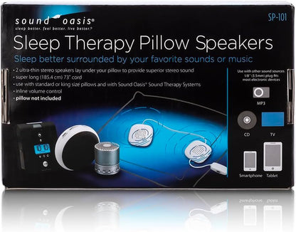 Sound Oasis Pillow Speakers, 2 UltraThin Stereo Speakers, Volume Control, Surround Sound for Music, Sleep, Tinnitus Masking, Connect to External Sound Source with 1/8" 3.5mm Headphone Jack Plug, White