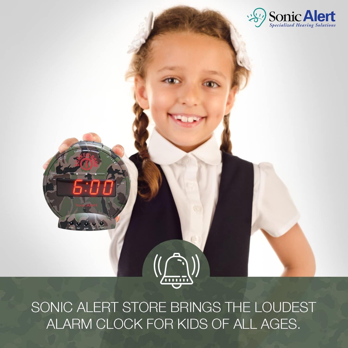 Sonic Alert Sonic Bomb Dual Alarm Clock with Bed Shaker, Black Vibrating Alarm Clock Heavy Sleepers, Battery Backup | Wake with a Shake