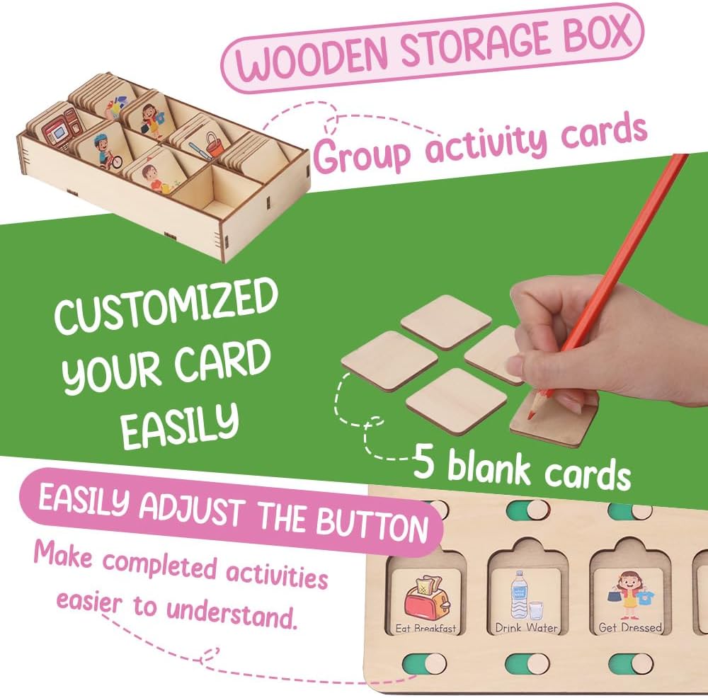 Daily Routine Chart for Kids, Visual Schedule, Routine Chart for Toddlers 3-5, Morning Bedtime Routine Chart for Toddlers, Wooden Chore Chart for Kids