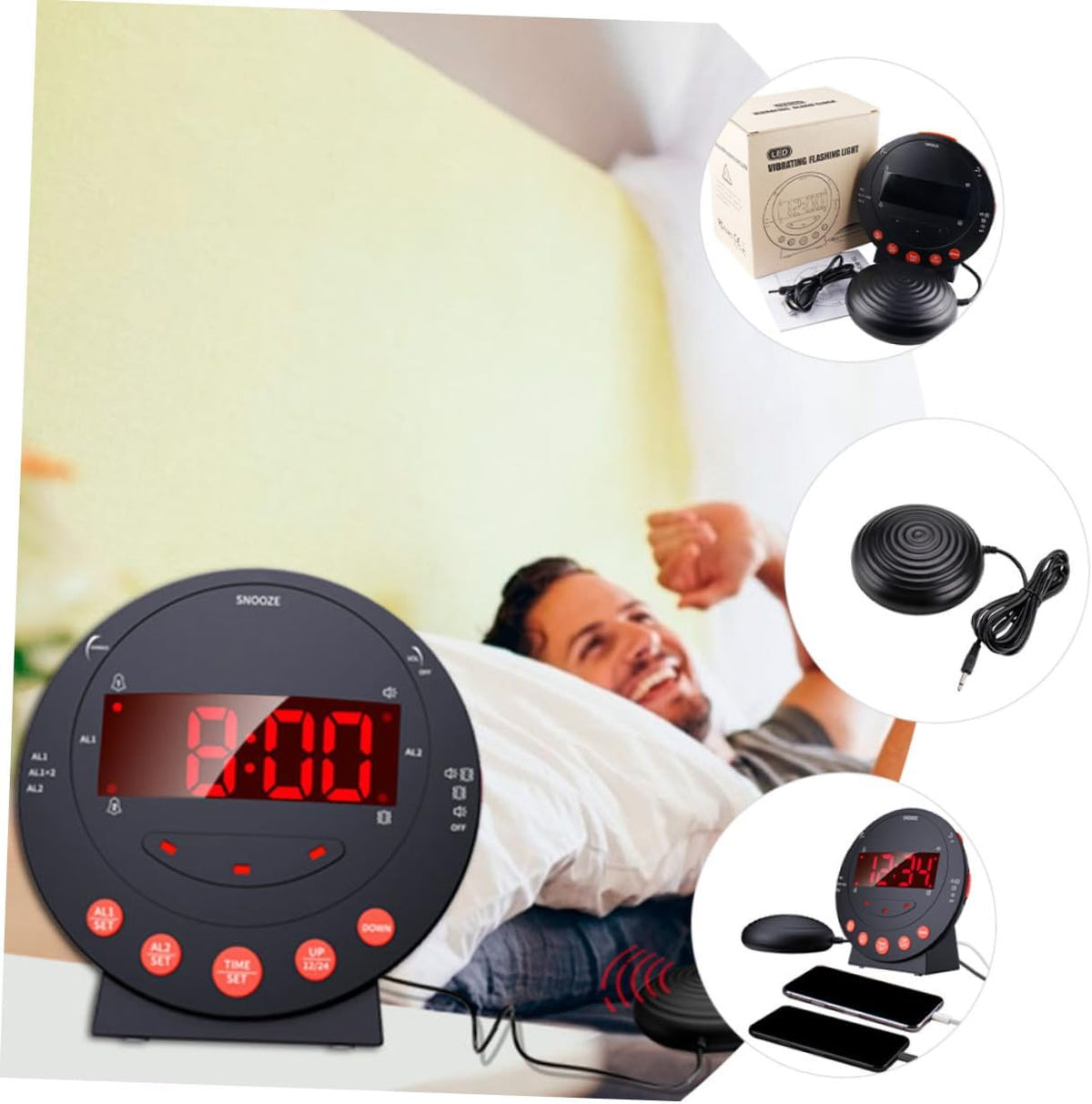 1 Set Loud Alarm Clock with Bed Shaker for Heavy Sleepers Digital Vibration Clock with Non Slip Base and Dual USB Ports for Deaf and Hard of Hearing