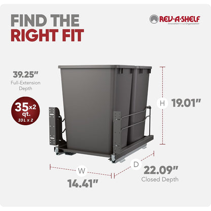 Rev-A-Shelf Double Pullout Trash Can w/Soft-Close Slides, 14.5" Min Opening | Large Capacity Garbage/ Recycling Waste Bins for Under Kitchen Cabinets, Heavy Gauge Wire Construction, 53WC-1835SCDM-211